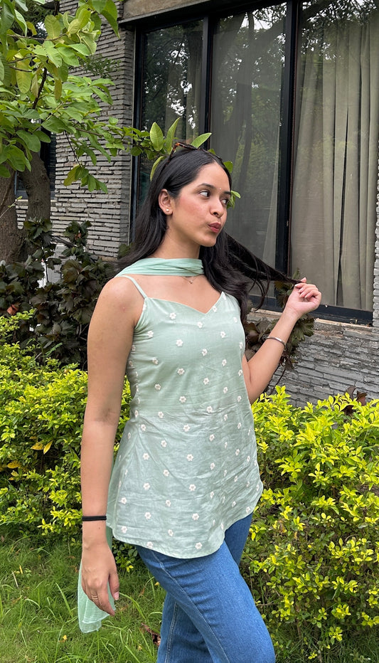 Mint green short kurti with dupatta