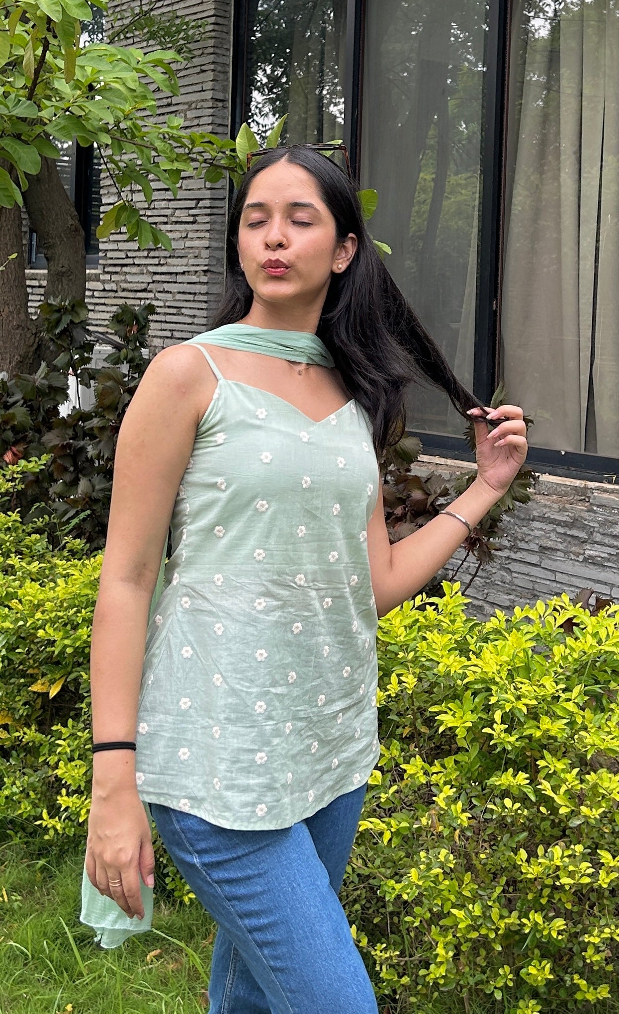 Mint green short kurti with dupatta