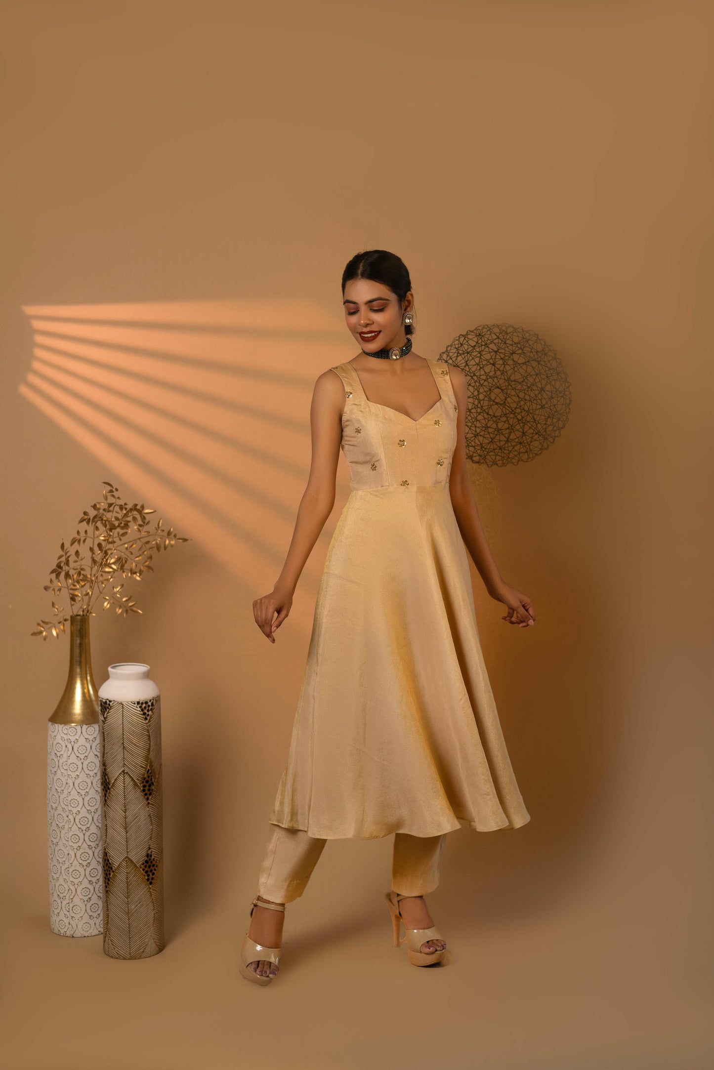 Beige Swirl anarkali pants dupatta set