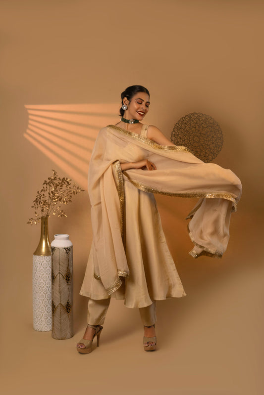 Beige Swirl anarkali pants dupatta set