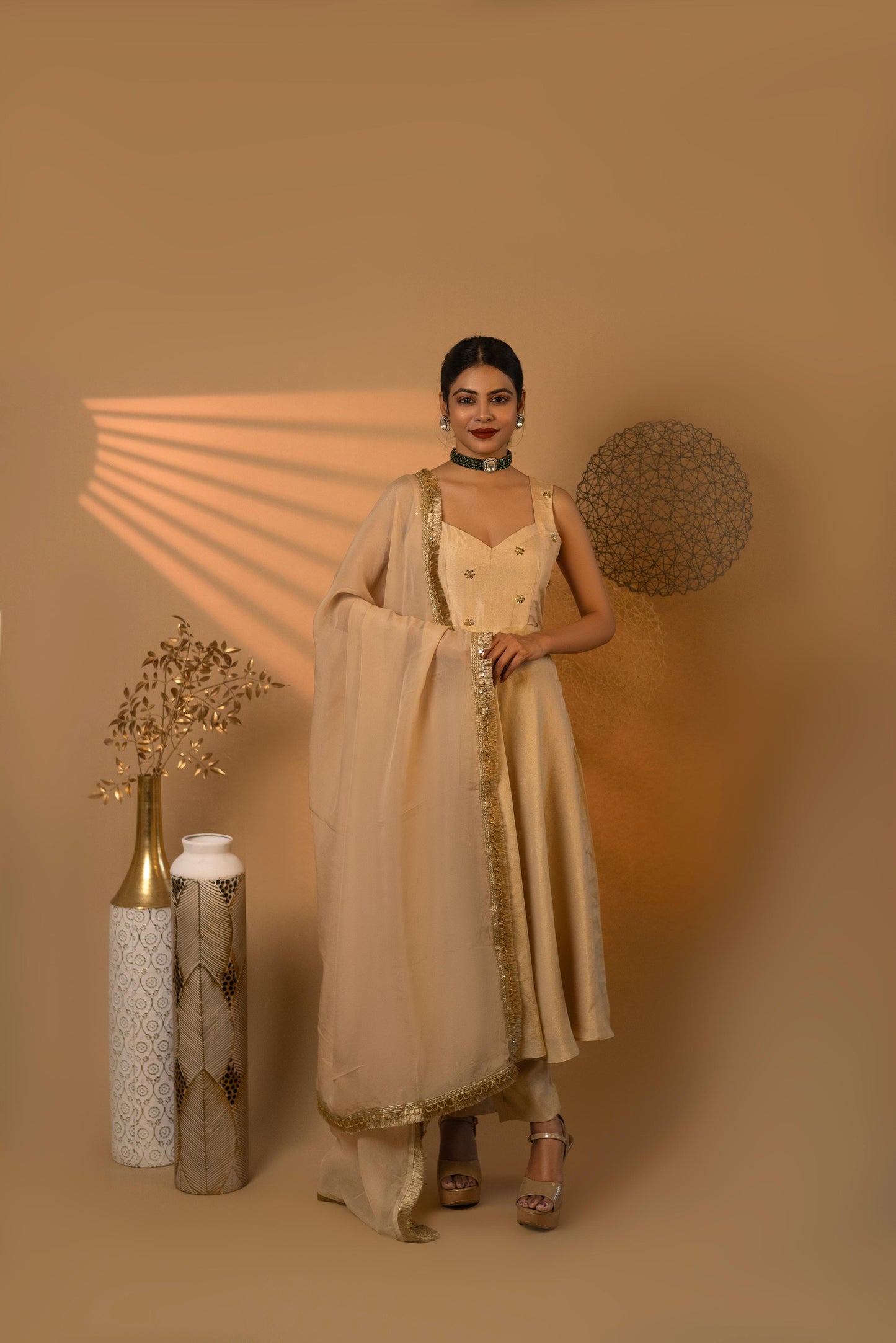 Beige Swirl anarkali pants dupatta set