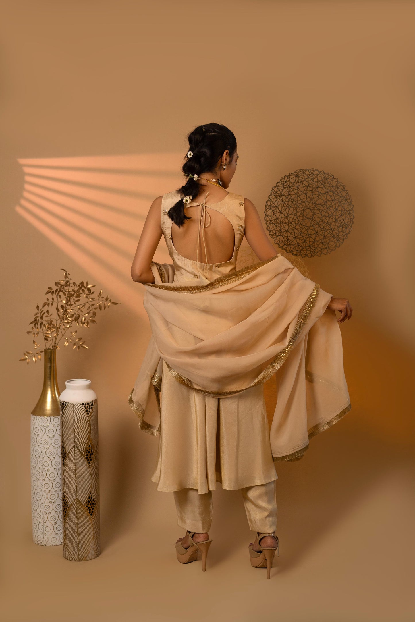 Beige Swirl anarkali pants dupatta set