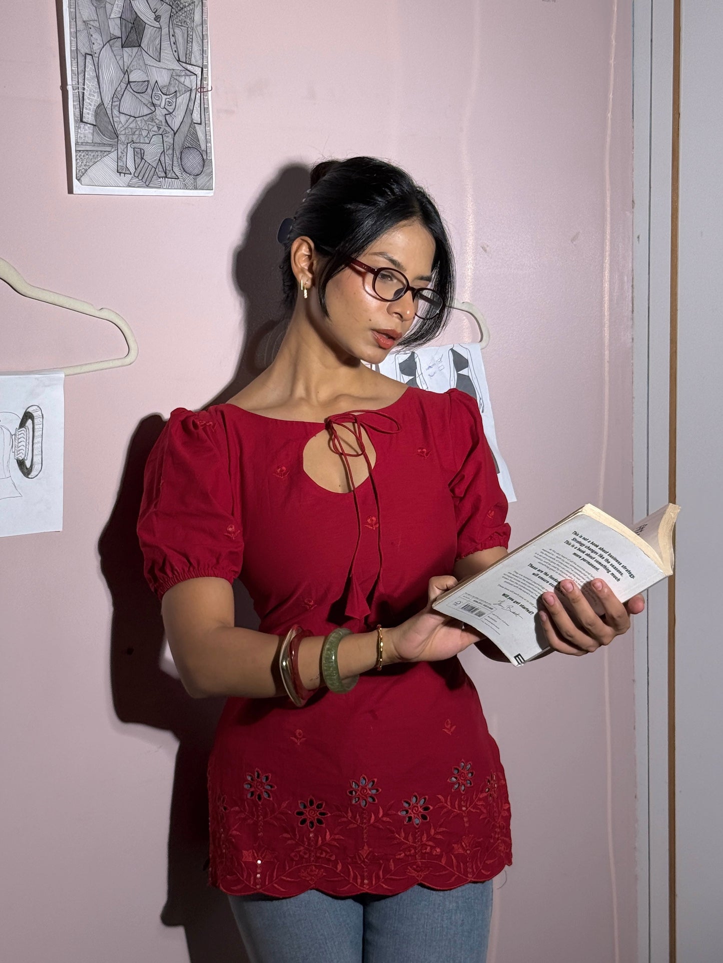 Lal puff sleeve corset kurti