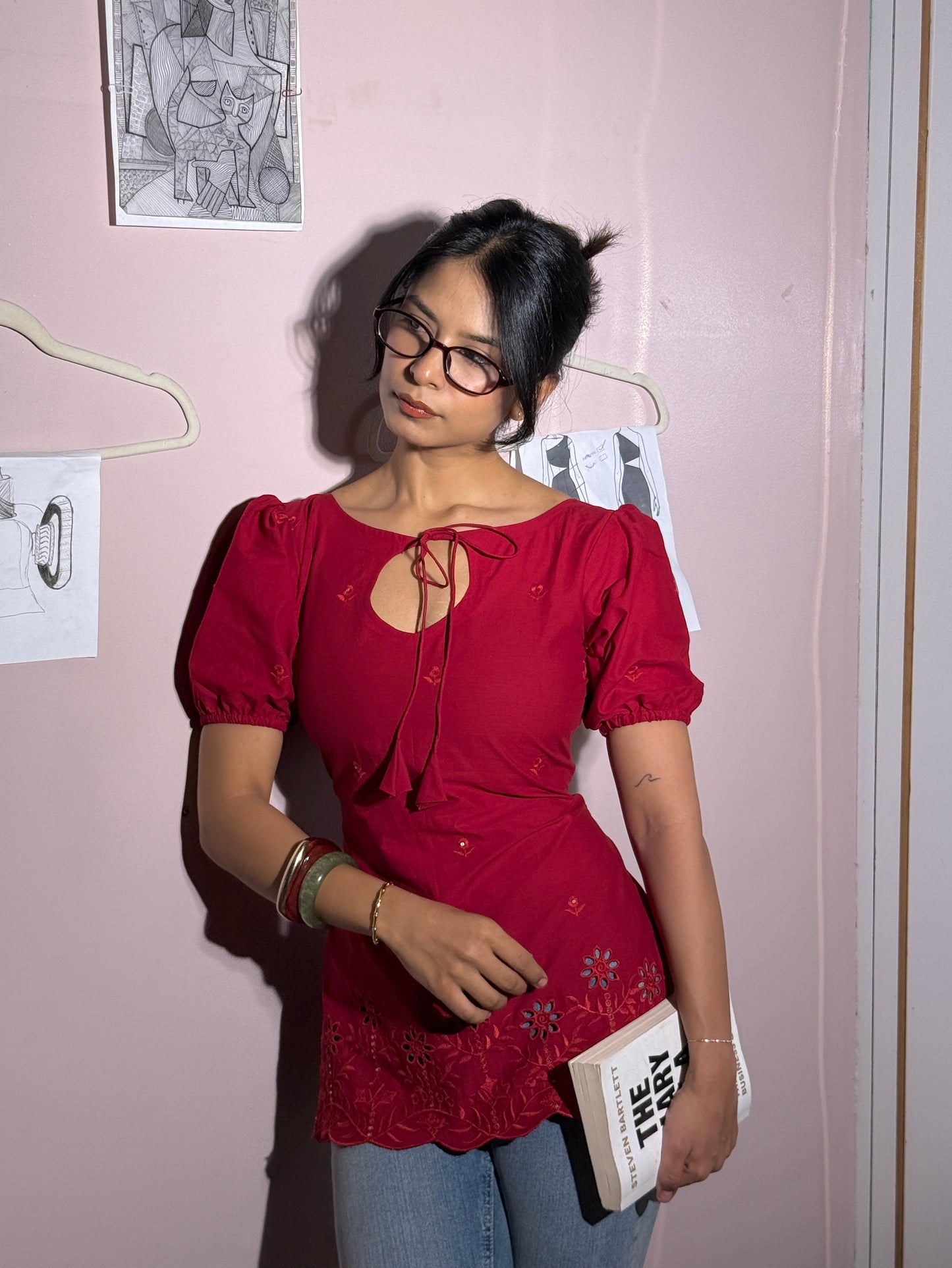 Lal puff sleeve corset kurti